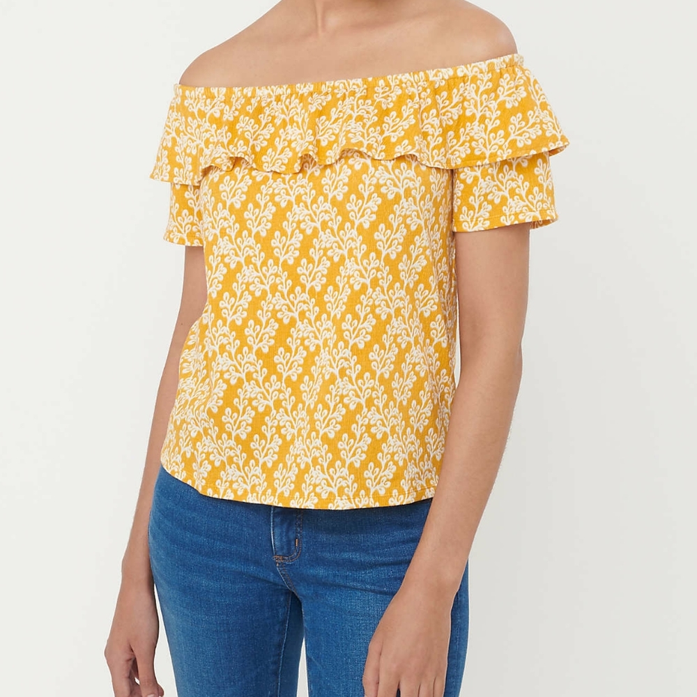 LOFT floral off the shoulder crinkle top, small, yellow/ white